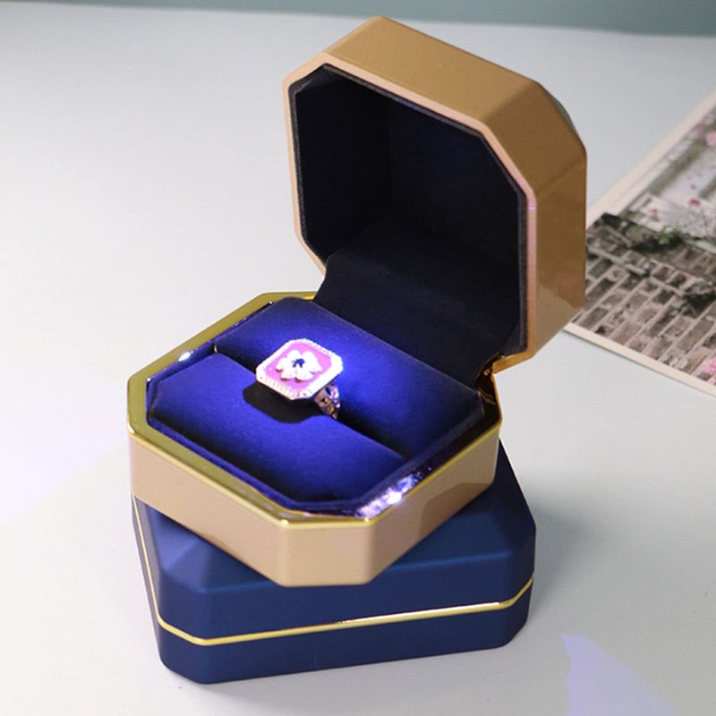AVESON Luxury Ring Box, Square Velvet Wedding Ring Case Jewelry Gift Box with LED Light for Proposal Engagement Wedding, Gold - Image 4